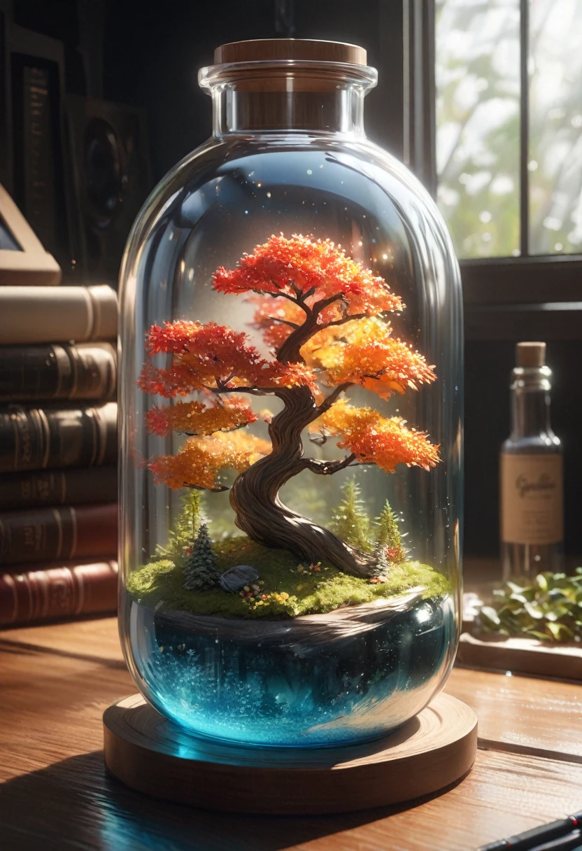 dreamlikeart tree in a bottle, fluffy, realistic, photo, canon, dreamlike, art, colorfull leaves and branches with flowers on top of its head. hyperdetailed photorealism by greg rutkowski - h 1024 w 804 | f 1 6 lens mark 2:2 s 3555 mm film grain :1 lifelike high res sharp focus contrast!! intricate detailed atmospheric light refraction lighting unreal engine 5 cinematic concept photography masterpiece octane render trending at cgsociety rendered as