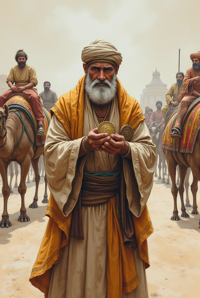 The coin is given to a Silk Road merchant who uses it to trade spices between the East and the West.. The scene shows camel caravans and exotic markets..
In pencil