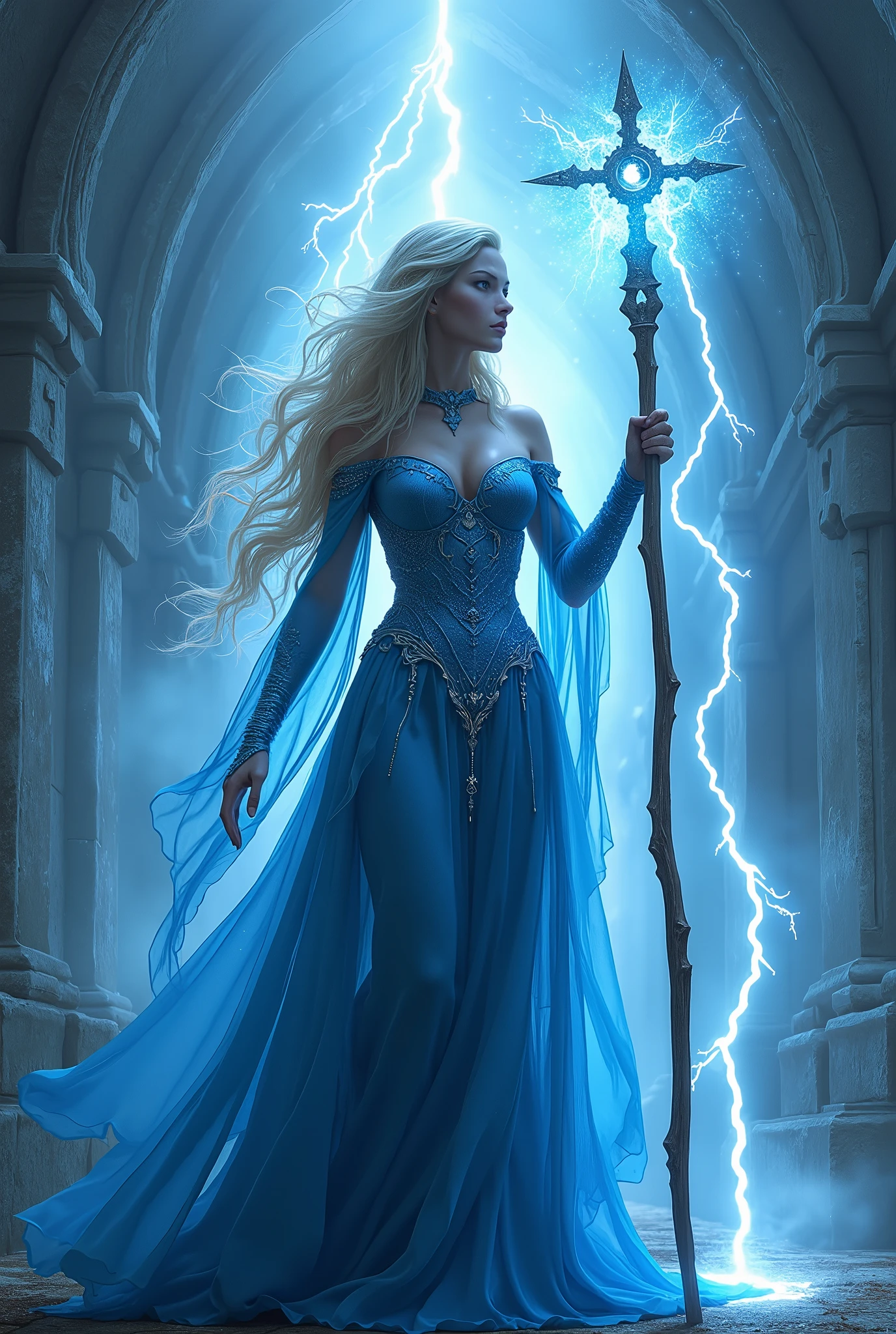 (masterpiece, photorealistic:1.4, extremely intricate:1.3), (photon mapping, radiosity, physically based rendering, ultra resolution, hyper-realistic, photorealistic:1.4, hyper-realistic, 8K), (((blonde buxom Sylph, large breasts))) blue silver sorceress, staff raised, lightning power