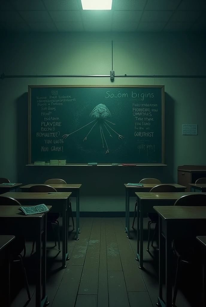 Dans une salle de classe, il y a le tableau à craie du professeur
C’est une image terrifiante qui fait peur.
Comme un film d’horreur
