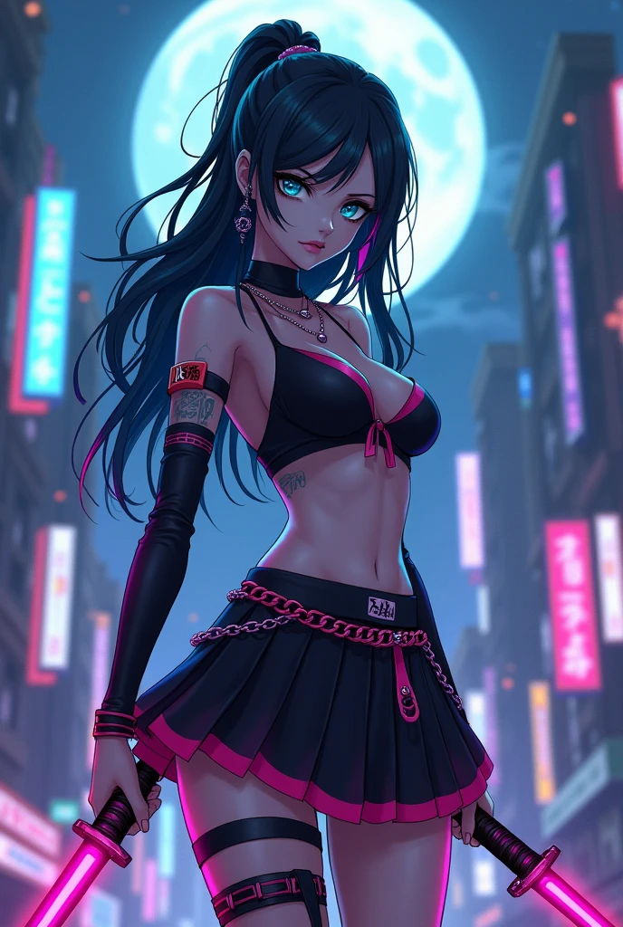A beautiful zombie ninja girl in anime gal style. She has pale skin with a slight greenish tint and bright, dark blue eyes., com um olhar intenso e determinado. Your hair is long, black and wavy, with streaks dyed pink and blue, falling on shoulders. She wears a stylized ninja outfit, combining traditional elements with a modern touch: a black and pink crop top, pleated skirt with chains, and bands around the legs. Your katana has neon details, and the scene is set in a futuristic city at night, with bright lights and a full moon in the sky