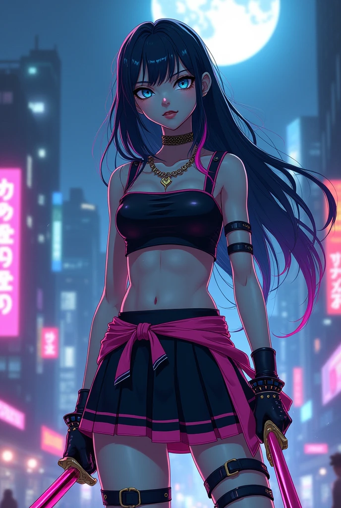 A beautiful zombie ninja girl in anime gal style. She has pale skin with a slight greenish tint and bright, dark blue eyes., com um olhar intenso e determinado. Your hair is long, black and wavy, with streaks dyed pink and blue, falling on shoulders. She wears a stylized ninja outfit, combining traditional elements with a modern touch: a black and pink crop top, pleated skirt with chains, and bands around the legs. Your katana has neon details, and the scene is set in a futuristic city at night, with bright lights and a full moon in the sky