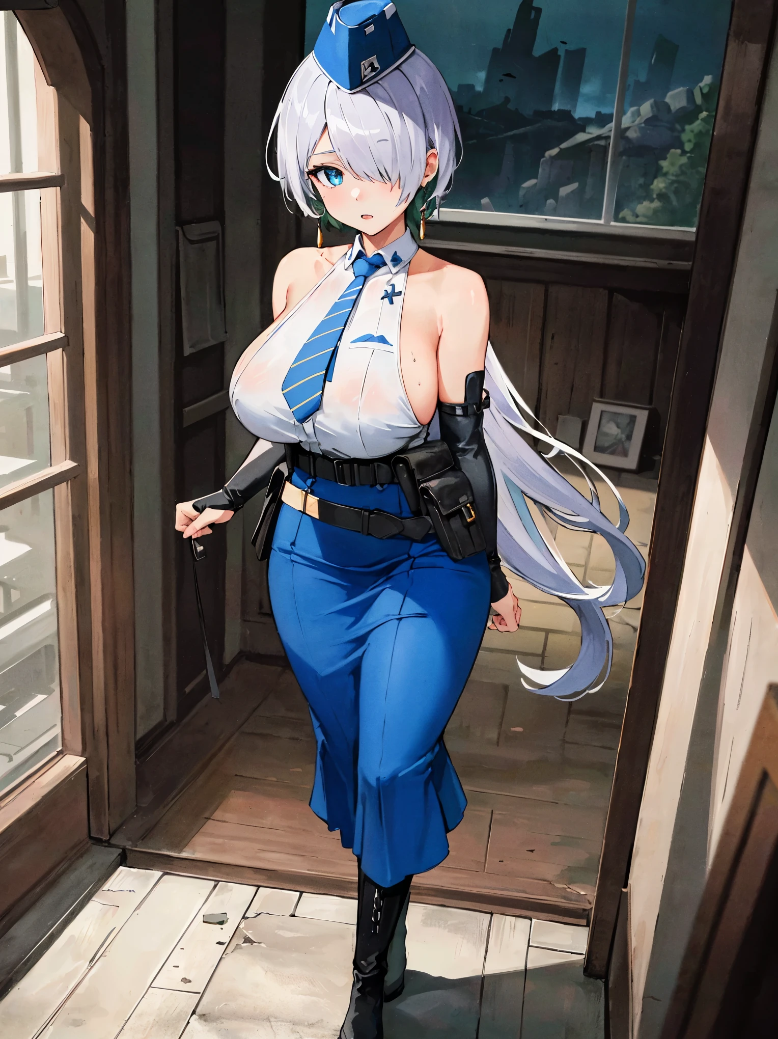 (masterpiece, best quality, ultra detailed, absurdres:1.5), 1girl, (sexy, beautiful woman, perfect face, perfect eyes, perfect female body, large breasts:1.5), (nikkebrid, white hair, low ponytail, hair over one eye, earrings, garrison cap, sleeveless shirt, long skirt, blue necktie, belt pouch, elbow gloves, high heel boots, ), (standing, indoors, ruin_landscape), perfect lighting, smooth, hdr