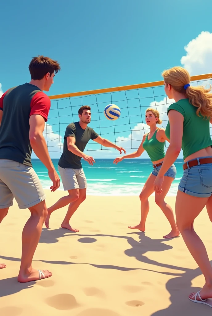 Team of 2 men against 2 women playing beach volleyball, One of the men is wearing light gray shorts and a black t-shirt with red sleeve edges and the other is wearing a dark gray shirt and shorts., one of the women is wearing a green blouse with denim shorts and a brown belt and the other woman is wearing shorts and a black t-shirt