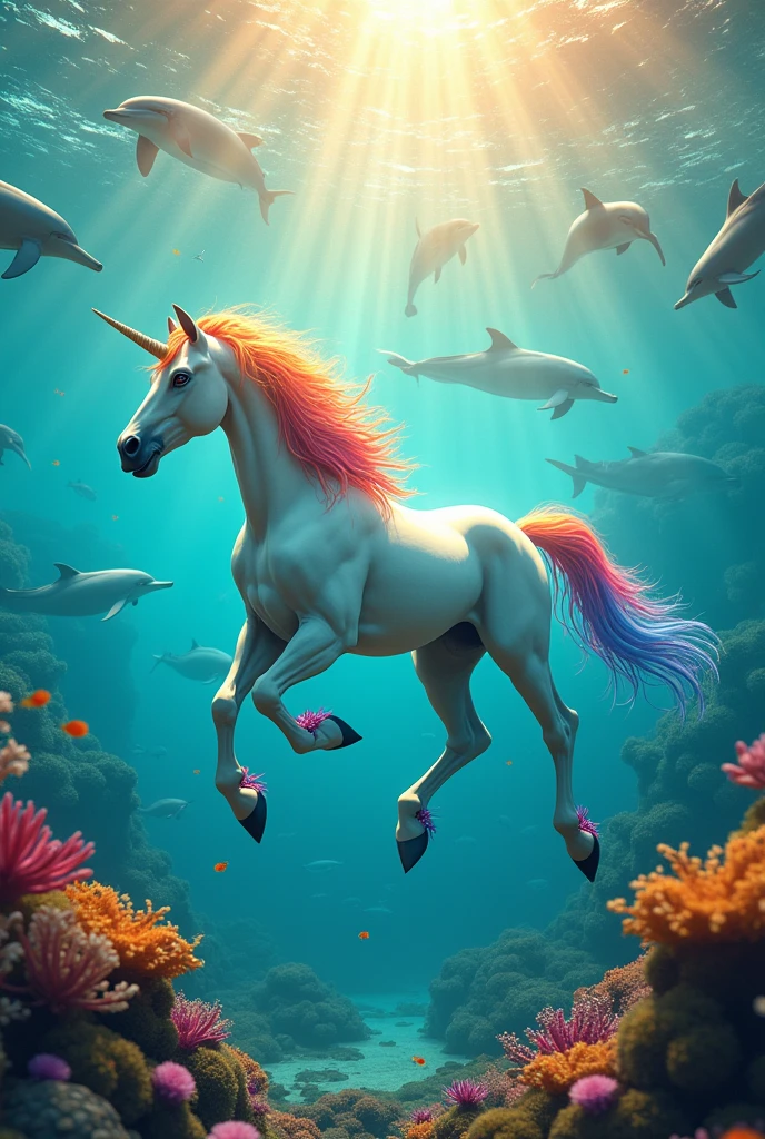 Unicorn with colorful hair in a sea with dolphins, lots of shine and sun