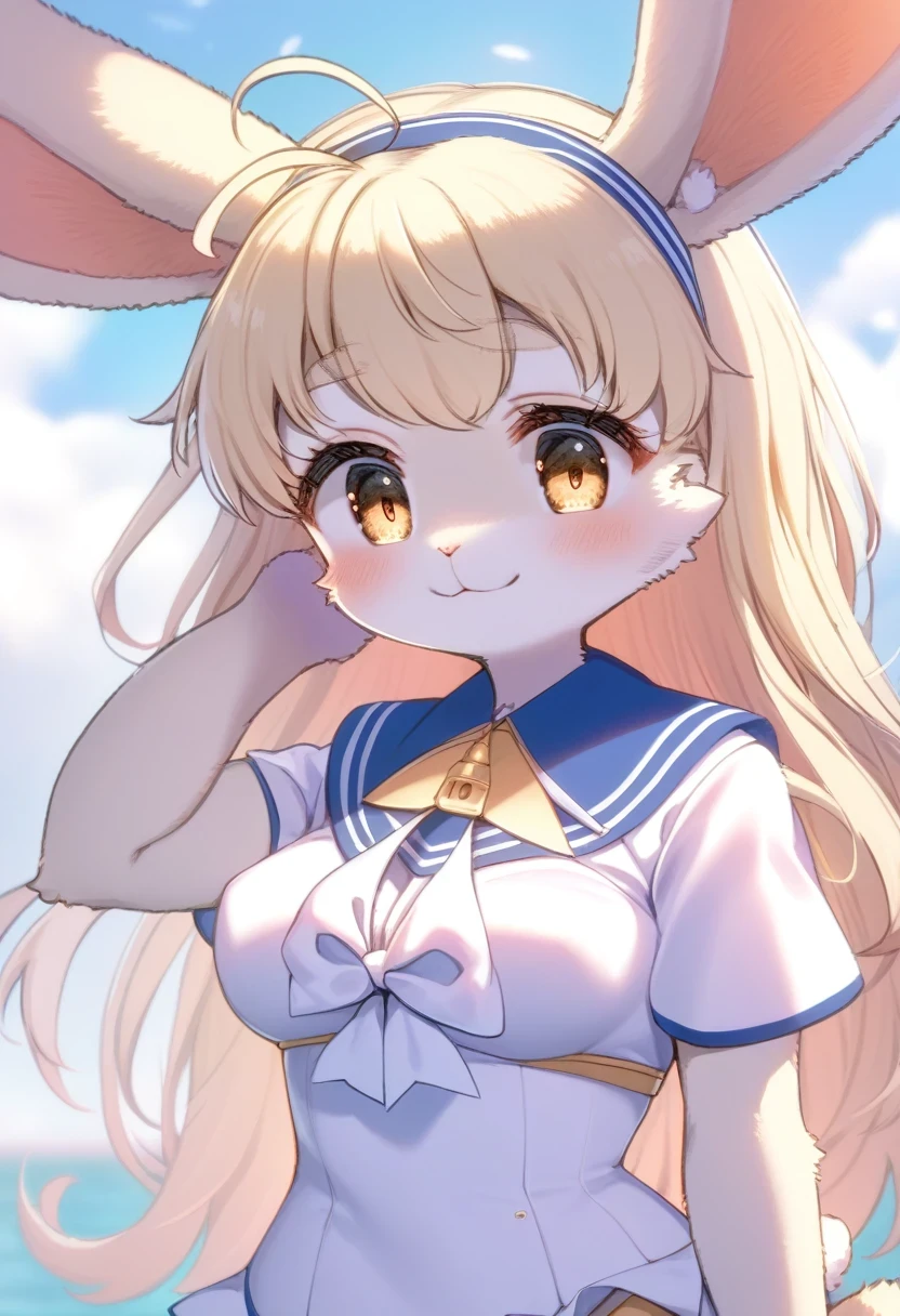 ((Masterpiece)), ((Best Quality)), (Very Detailed), ((Very Detailed)), 4K, (8K), very aesthetic, absurdres highres, 1 woman, (anthropomorphic Rabbit, furry, kemono:1.5), sailor senshi uniform
