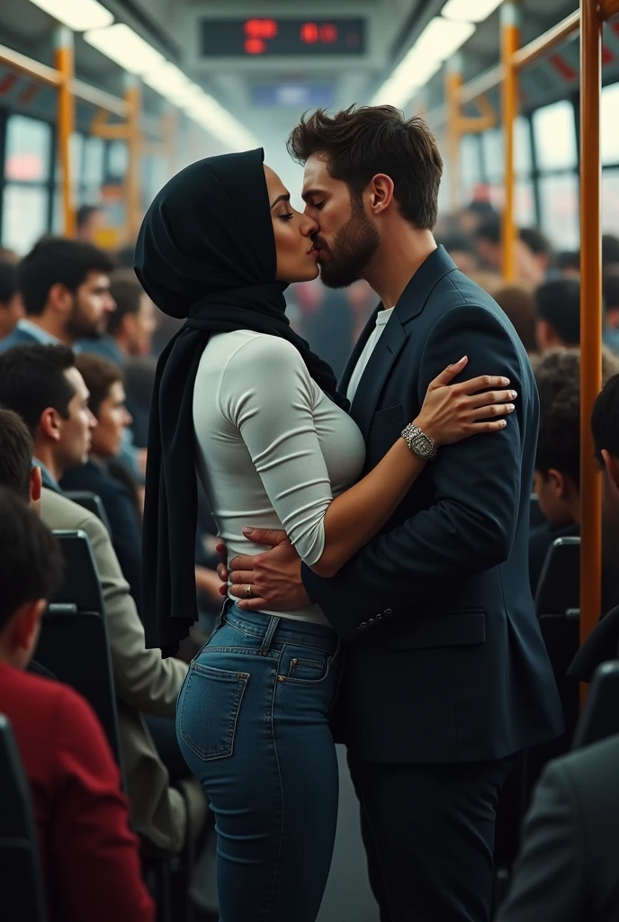 Black headscarf on a very crowded bus, white long sleeve t shirt,Sexy skinny woman in jeans kissing with man.2 men are touching a woman from behind. 