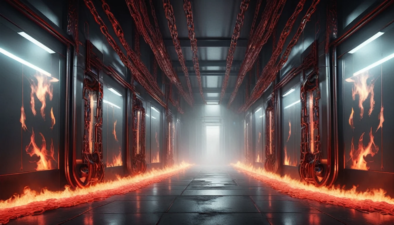 ral-opal, meahophontron, cyberpunk, symmetrical, (ABSTRACT FUTURISTIC ART) fire environment, hell, chains, hostile environment, (red colors, negro, gray), (Professional photography), con soft tones, background image, soft tones, Wallpaper, fire burning. futurist, llamas, symmetrical