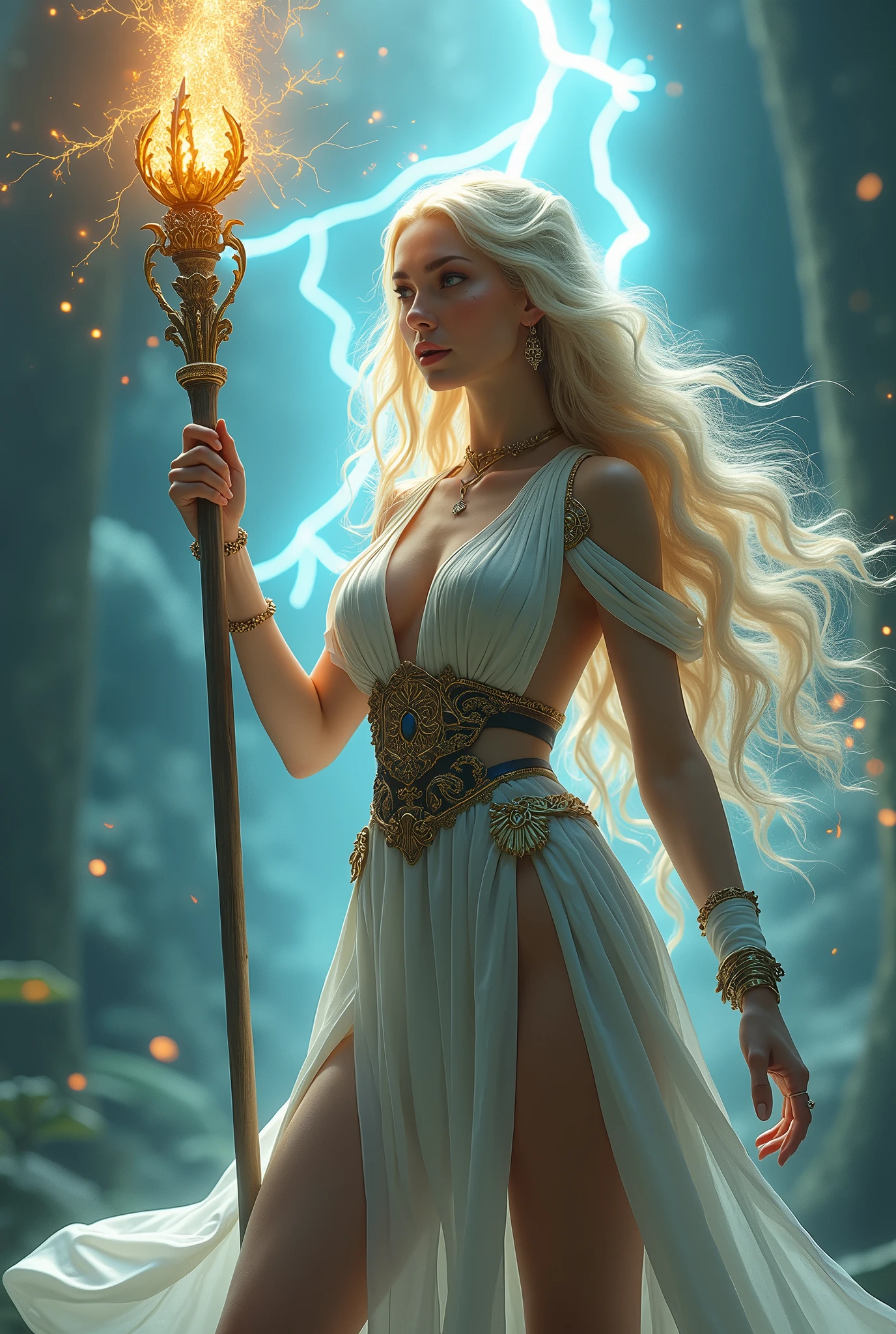 (masterpiece, photorealistic:1.4, extremely intricate:1.3), (photon mapping, radiosity, physically based rendering, ultra resolution, hyper-realistic, photorealistic:1.4, hyper-realistic, 8K), (((blonde buxom Sylph, large breasts))) blue silver sorceress, staff raised, lightning power