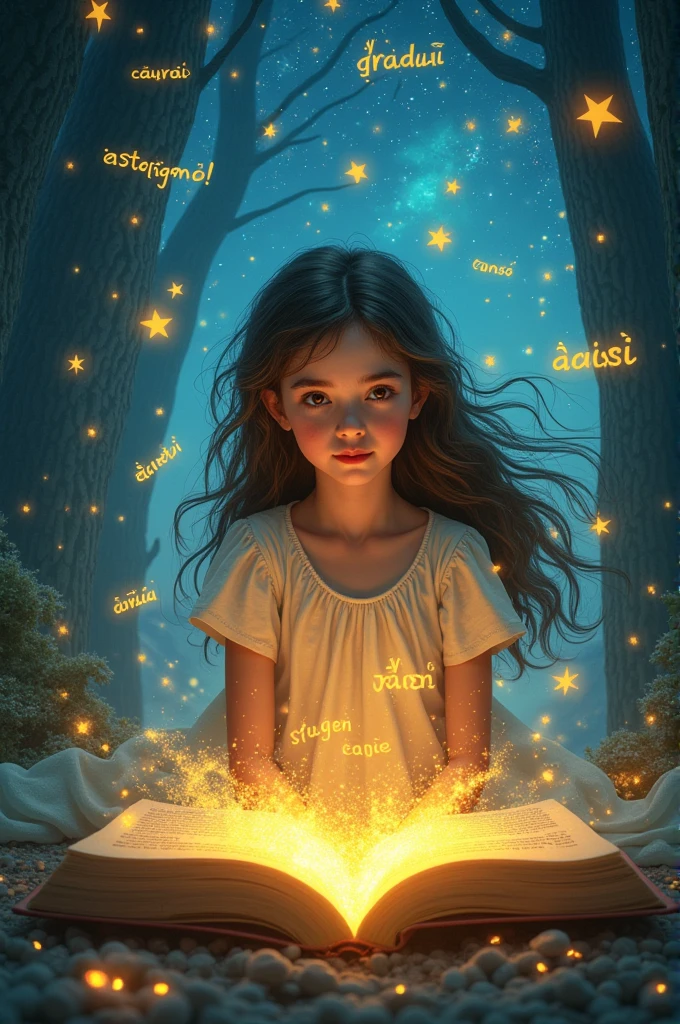 A girl surrounded by Spanish words and phrases that shine in the air, as if words came to life. around, a dream landscape with a starry sky and an open book on her lap, with golden lights emerging from it.