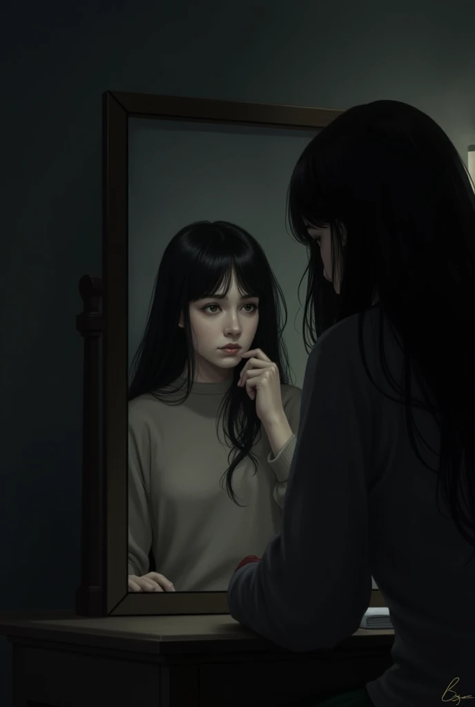 A sad lady with black hair looking in the mirror