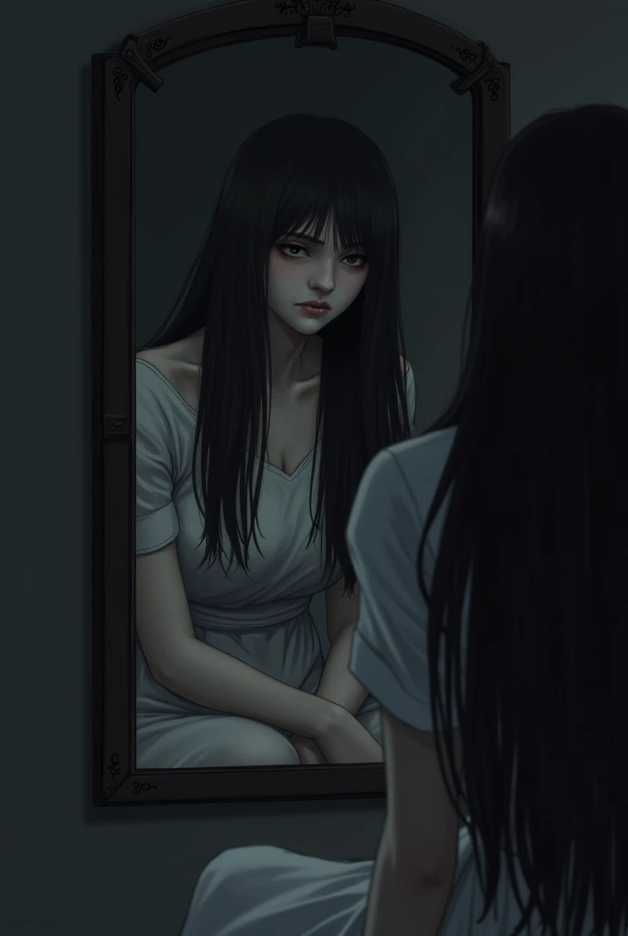 A sad lady with black hair looking in the mirror
