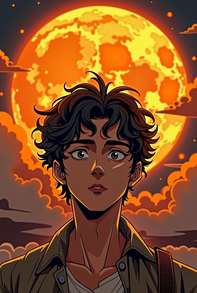 Man with Brown short curly hair , manga style, orange Moon in the back