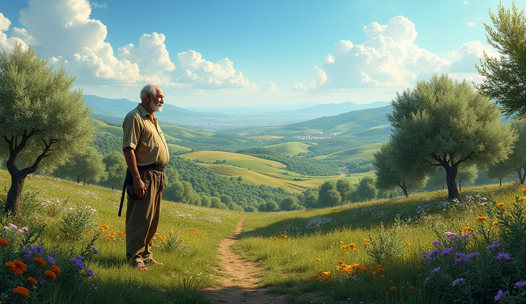 Here is the image generated based on the idea for southern Italy, with an older man, a big clear sky and a landscape full of vegetation. If you need anything else or other images, I am available!