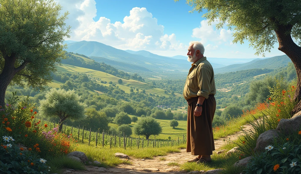 Here is the image generated based on the idea for southern Italy, with an older man, a big clear sky and a landscape full of vegetation. If you need anything else or other images, I am available!