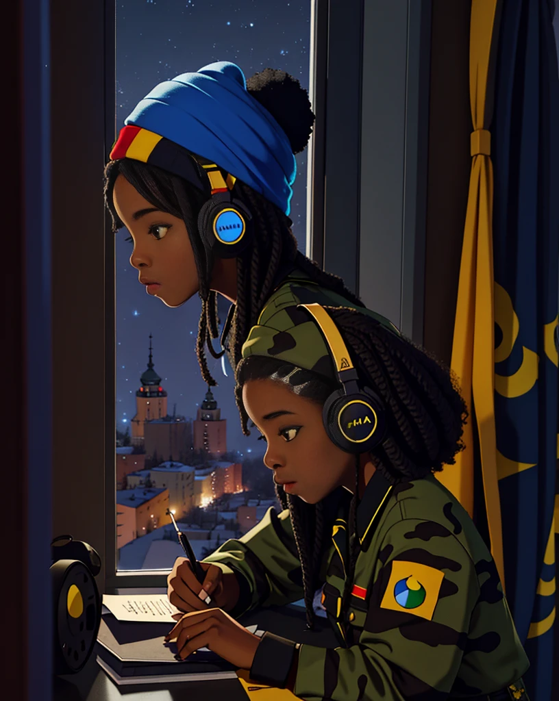 lofistudy, 1girl, writing, from side,ghanian girl, afro hair, long hair, headphones, beanie, camouflage uniform, window, ukraine background, night, ebony skin, ghana flag on uniform
