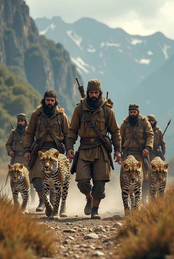  6 Hunters with several leopards 