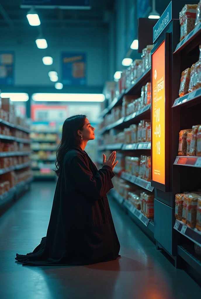 Concept: A person kneeling before a self-checkout machine in a supermarket, hands raised in worship. The background is filled with towering shelves of pre-packaged, microwaveable meals. The figure’s face is illuminated by the screen, giving them an almost religious glow.