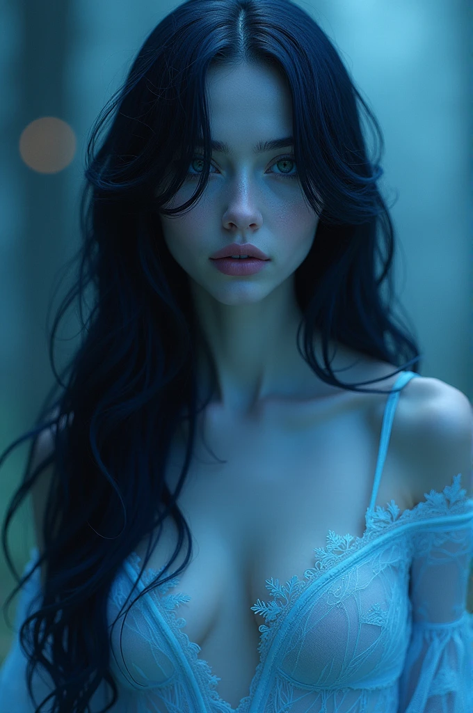 1girl, blue skin, black hair, long hair