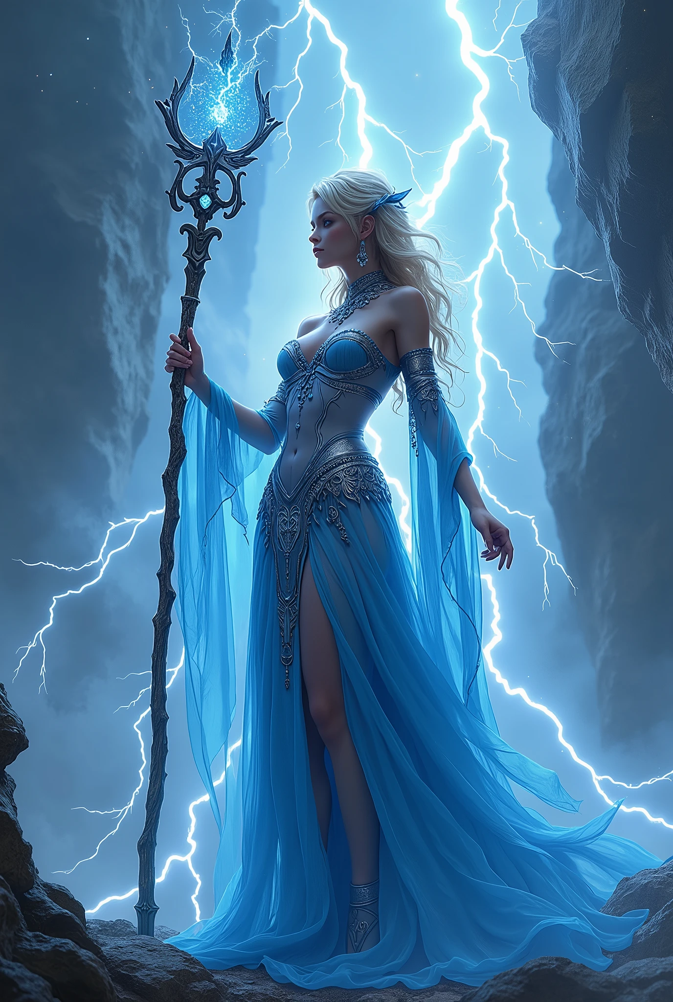 (masterpiece, photorealistic:1.4, extremely intricate:1.3), (photon mapping, radiosity, physically based rendering, ultra resolution, hyper-realistic, photorealistic:1.4, hyper-realistic, 8K), (((blonde buxom Sylph, large breasts))) blue silver sorceress, staff raised, lightning power