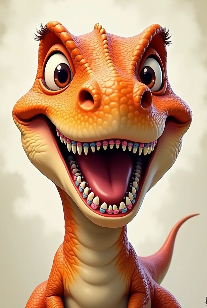 Smiling dinosaur head rex with big teeth with braces