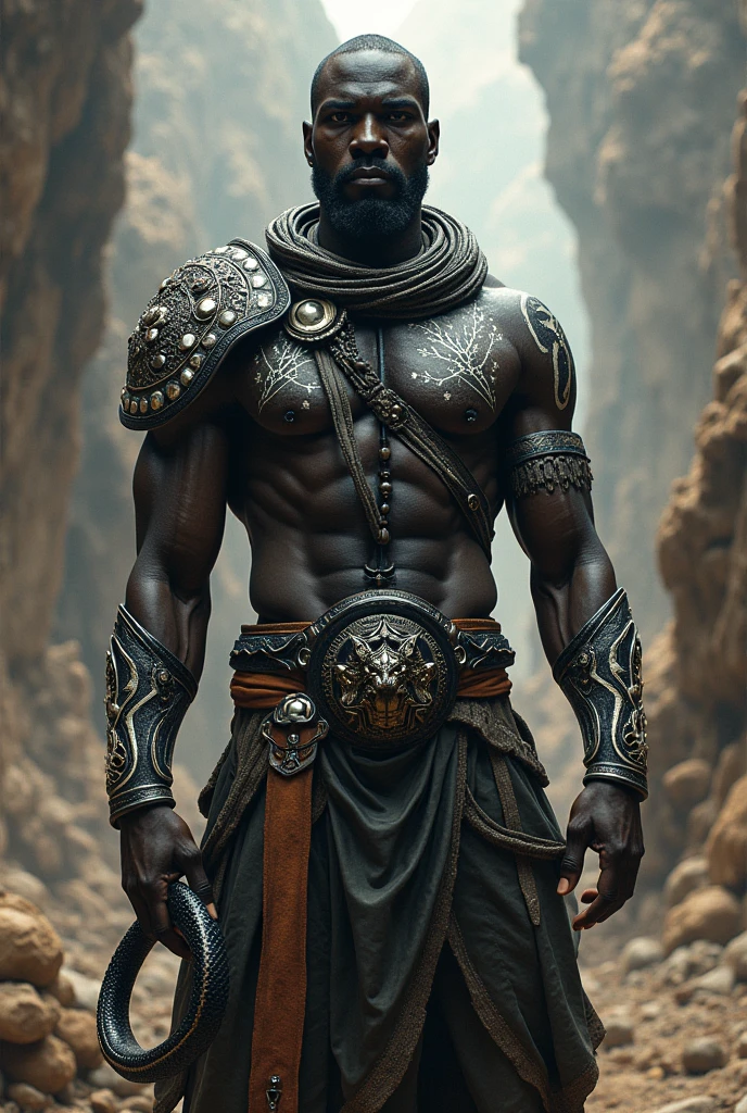 A black male warrior with snake scale armor, Wearing tribal clothing in white and silver colors, uses a snake-shaped staff as a weapon, Warrior of Oxumaré