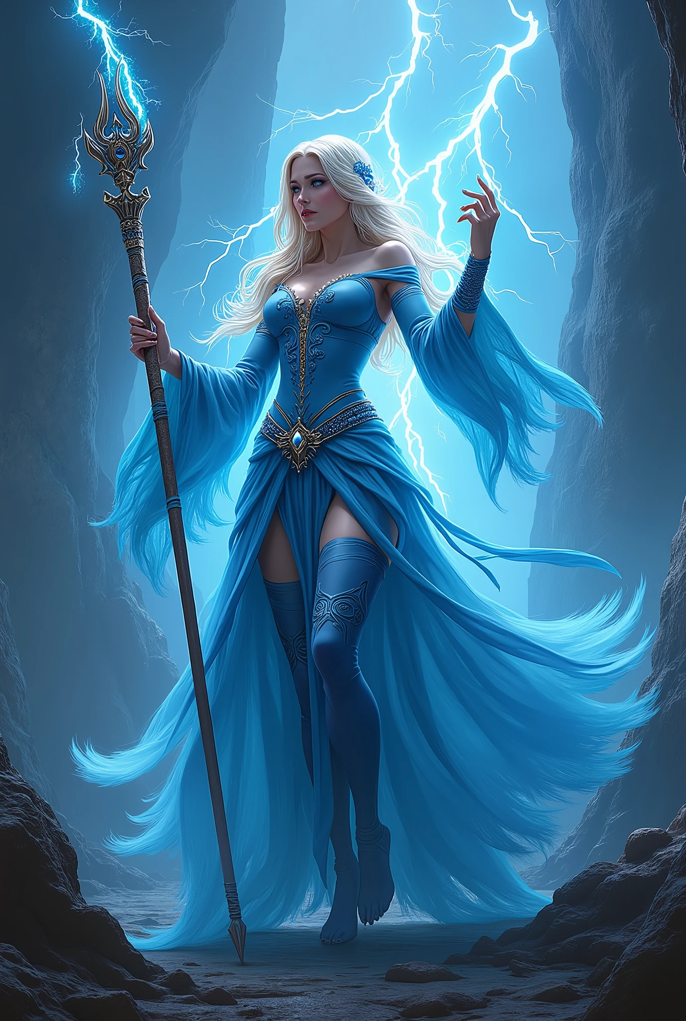 (masterpiece, photorealistic:1.4, extremely intricate:1.3), (photon mapping, radiosity, physically based rendering, ultra resolution, hyper-realistic, photorealistic:1.4, hyper-realistic, 8K), (((blonde buxom Sylph, large breasts))) blue silver sorceress, staff raised, lightning power