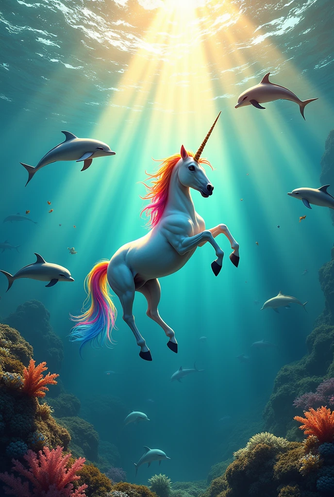 Unicorn with colorful hair in a sea with dolphins, lots of shine and sun