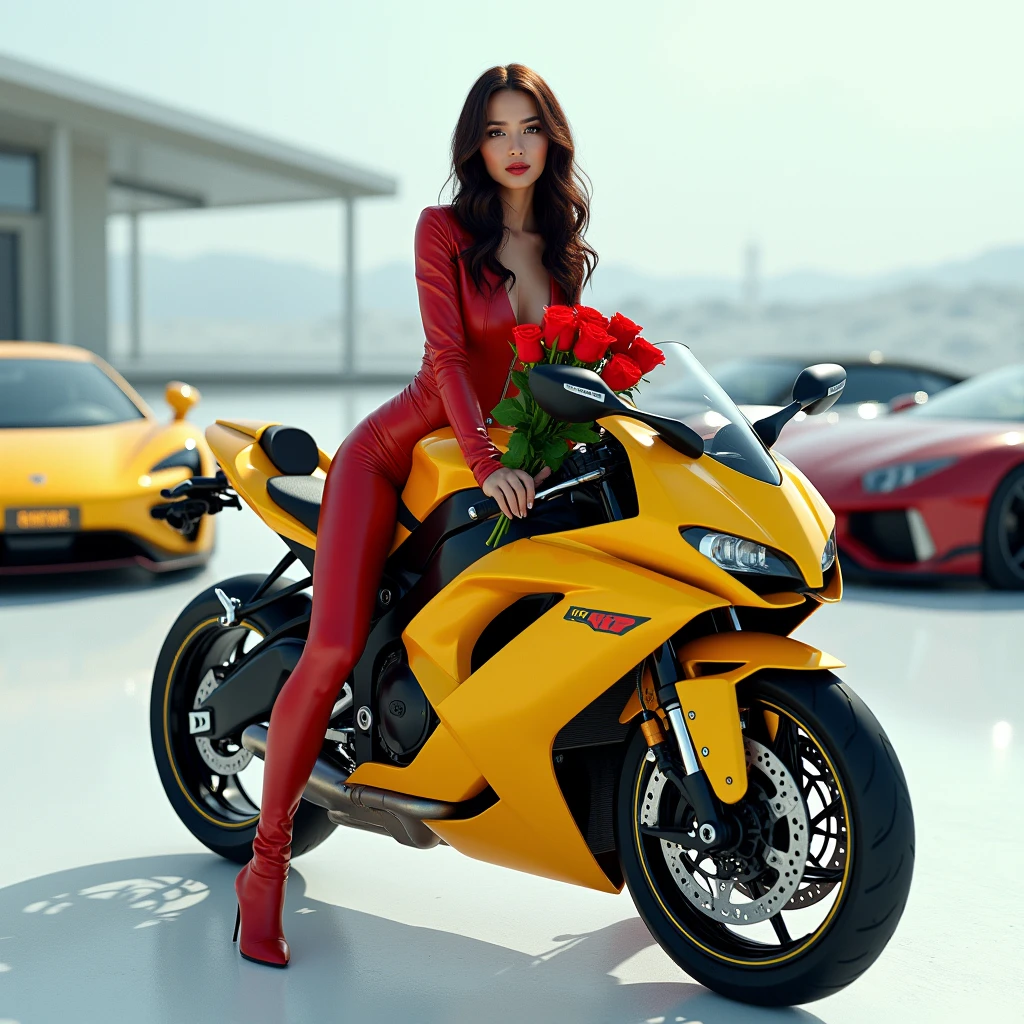 a beautiful hot women with brunette hair sitting on a yellow Kawasaki ninja h2 with futuristic read leather suit holding a five red roses and having a background realistic snow white koeingsegg and Porsche