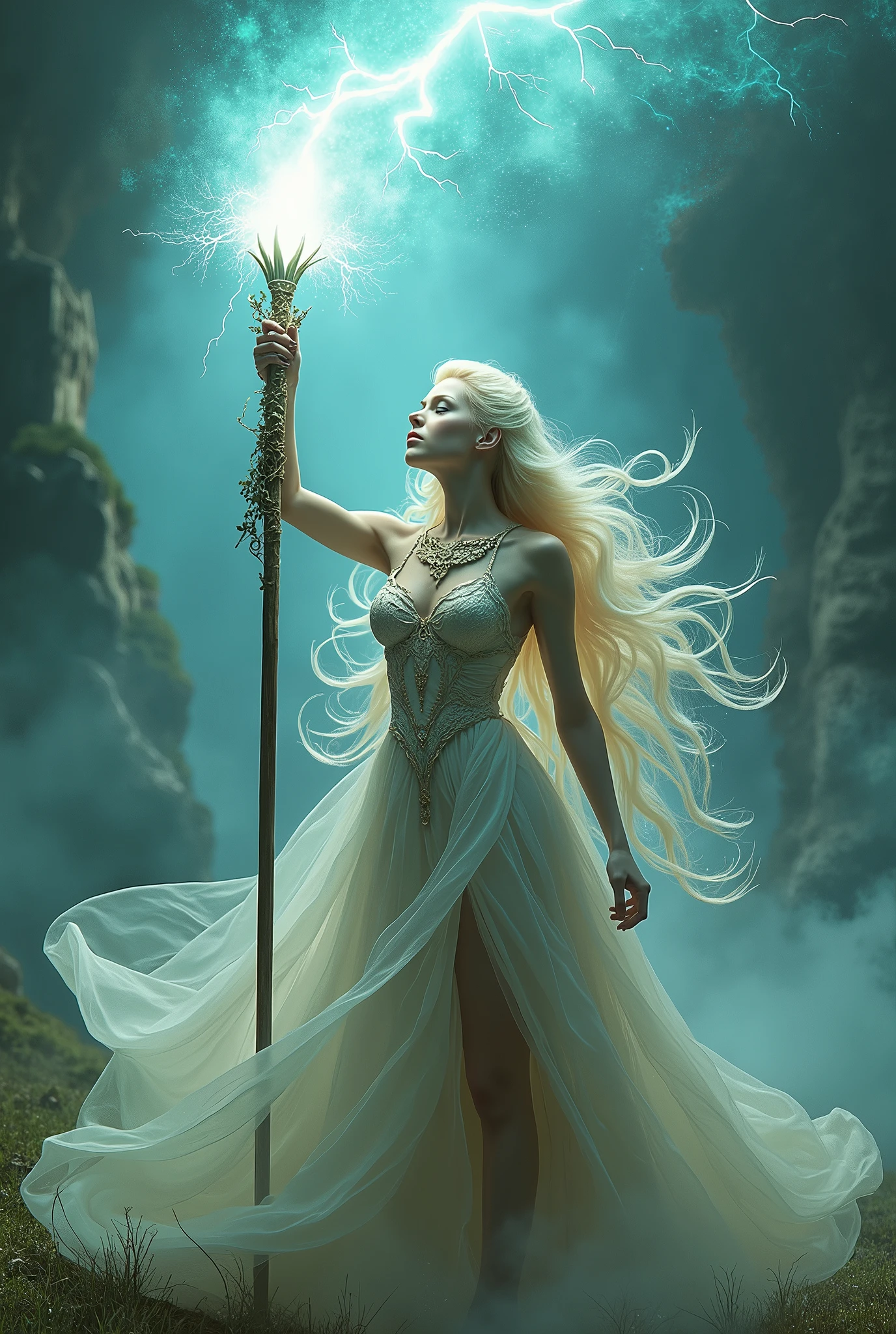 (masterpiece, photorealistic:1.4, extremely intricate:1.3), (photon mapping, radiosity, physically based rendering, ultra resolution, hyper-realistic, photorealistic:1.4, hyper-realistic, 8K), (((blonde buxom Sylph, large breasts))) blue silver sorceress, staff raised, lightning power