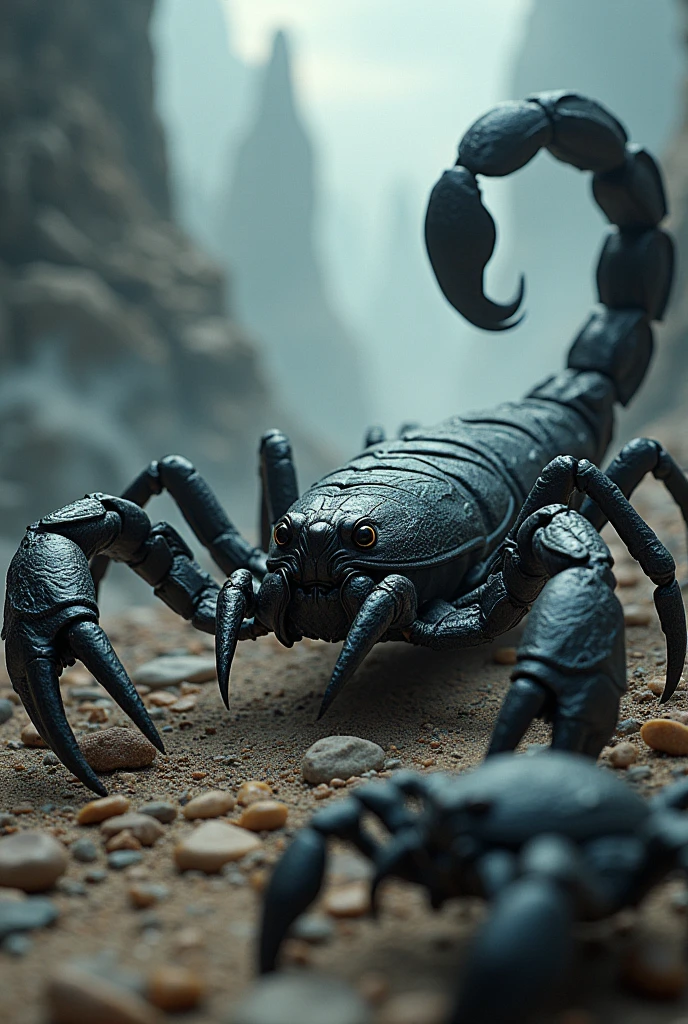 a majestic black scorpions, scorpions smoking, detailed scales, fierce expression, dramatic lighting, cinematic scene, fantasy landscape, epic fantasy, digital painting, octane render, highly detailed, 8k, masterpiece