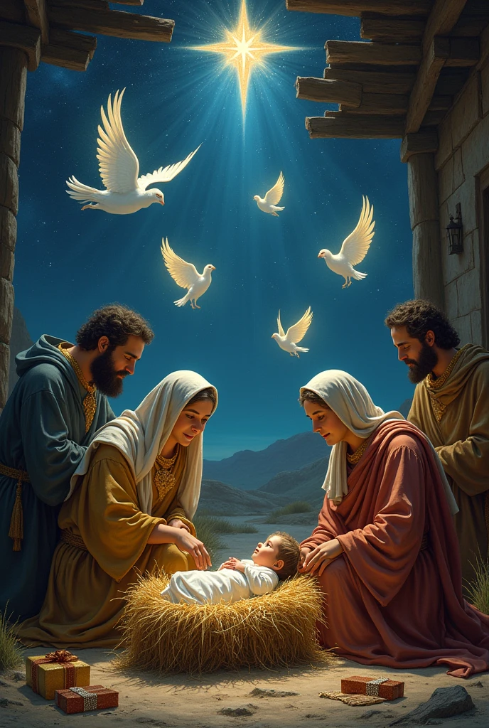 The birth of jesus, Newborn babyjesus with his mother and father and three camels Surrounded by thousands of glowing angels above at night.