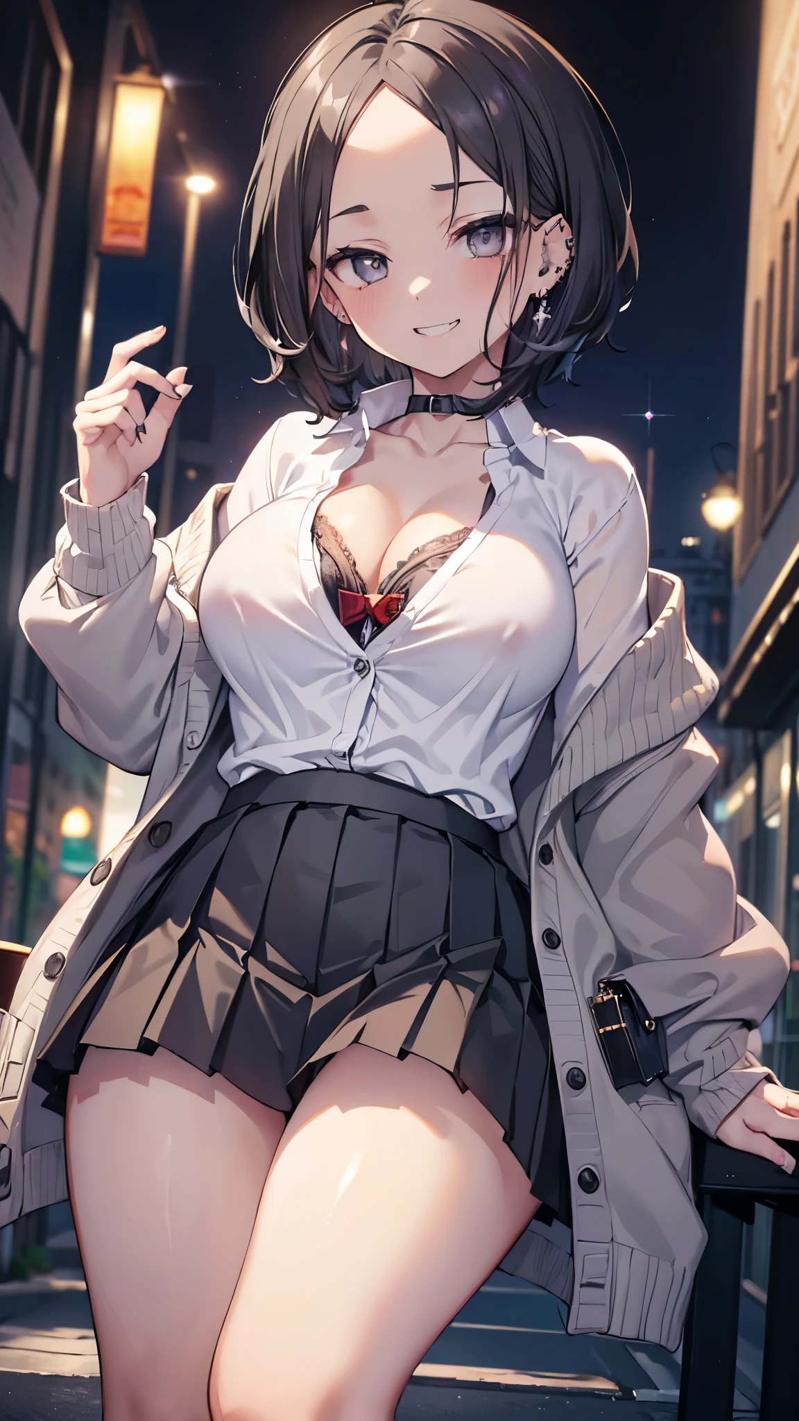 ((masterpiece、Highest quality、Very detailed))、One person、gyaru、Black Hair、short hair、((forehead))、Grey Eyes、evil smile、((Grin))、((lots of piercing))、Large Breasts、((White collared shirt))、((clavicle))、((gray cardigan))、((Black pleated skirt))、Thick thighs、Cowboy Shot、Shoot from below、((night))、Downtown background