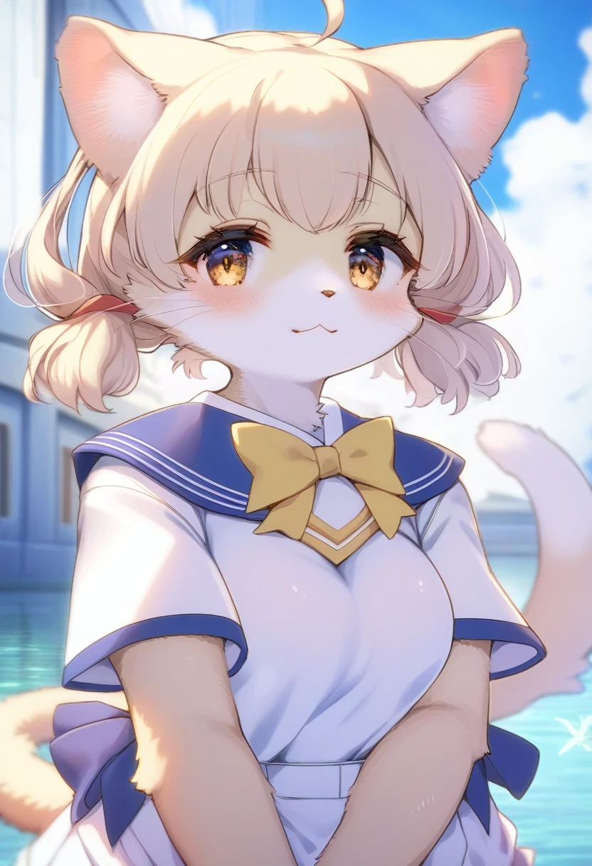 ((Masterpiece)), ((Best Quality)), (Very Detailed), ((Very Detailed)), 4K, (8K), very aesthetic, absurdres highres, 1 woman, (anthropomorphic cat, furry, kemono:1.5), sailor senshi uniform
