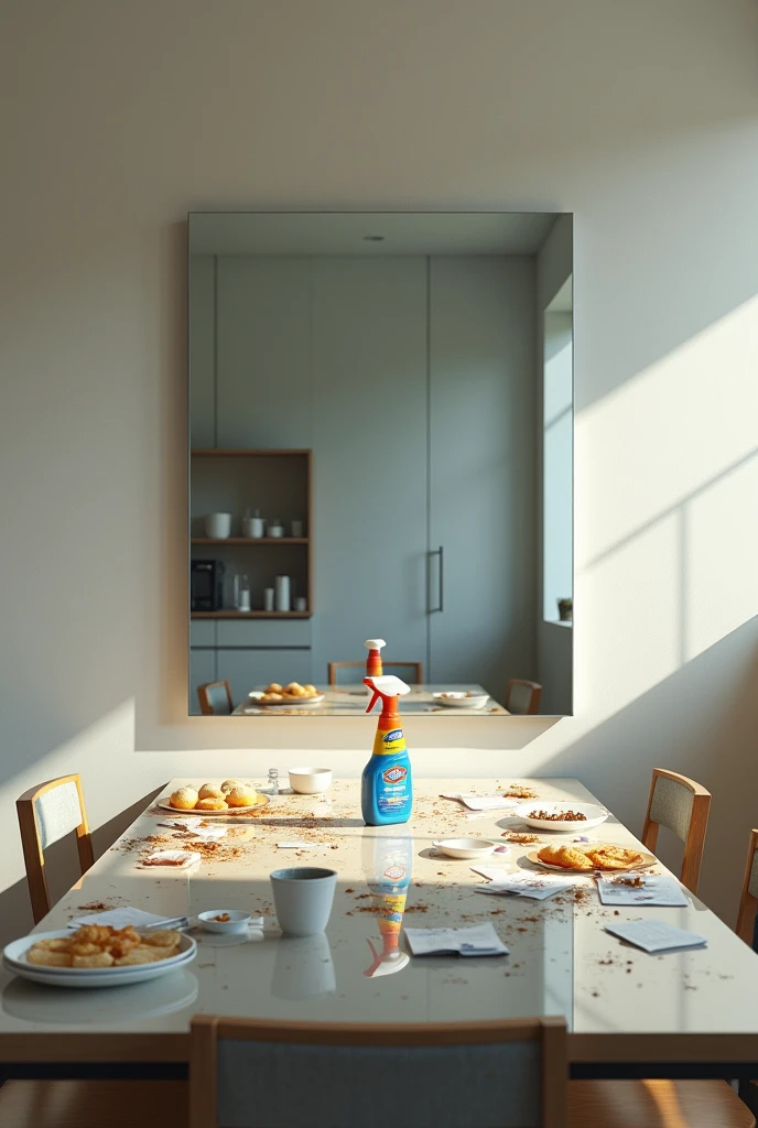 Create a digital artwork that illustrates a paradox of cleanliness featuring a large, frameless mirror in a modern kitchen. In the reflection of the mirror, the wooden dining table appears perfectly clean, showcasing a shiny, polished surface without any clutter or dirt.
However, in reality, outside of the mirror's reflection, the same table is visibly dirty and disorganized. It should have crumbs, spilled liquids, scattered papers, and dirty dishes, clearly depicting a messy scene.
A bottle of Clorox should be placed prominently on the table, clearly visible in both the reflection and the actual scene. The lighting should enhance the clean appearance of the reflected table while making the dirty table appear dim and uninviting.
The artwork should create a strong contrast between the immaculate reflection and the messy reality, emphasizing that the cleanliness in the mirror is the result of using Clorox.