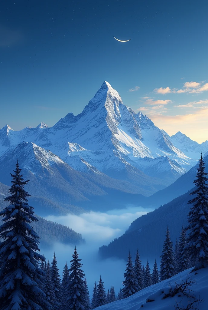 Spectacular landscapes、Everest Mountain々、Winds blowing、A crescent moon in the distance、shooting star