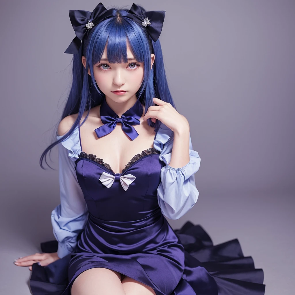 One girl, Frederica Bernkastel, bangs, blue bow, Blue Hair, blunt bangs, bow, Embrace your chest,  Feline tail, Arms crossed, dress, Long Hair, Long sleeve, Purple eyes, Simple Background, alone, tail bow, Tail ornament, Tail raised, Tail ribbon