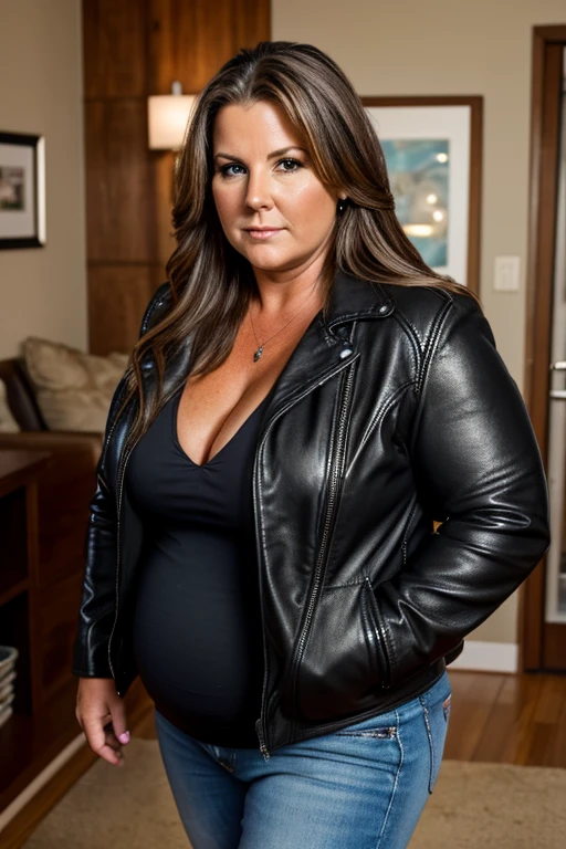 Medium view, of middle aged, 50 year old, mom, gilf, milf, face portrait, extremely fat, white trash woman, chubby, very chubby, long hair, long hair style, black leather jacket, in cozy home, sweaty