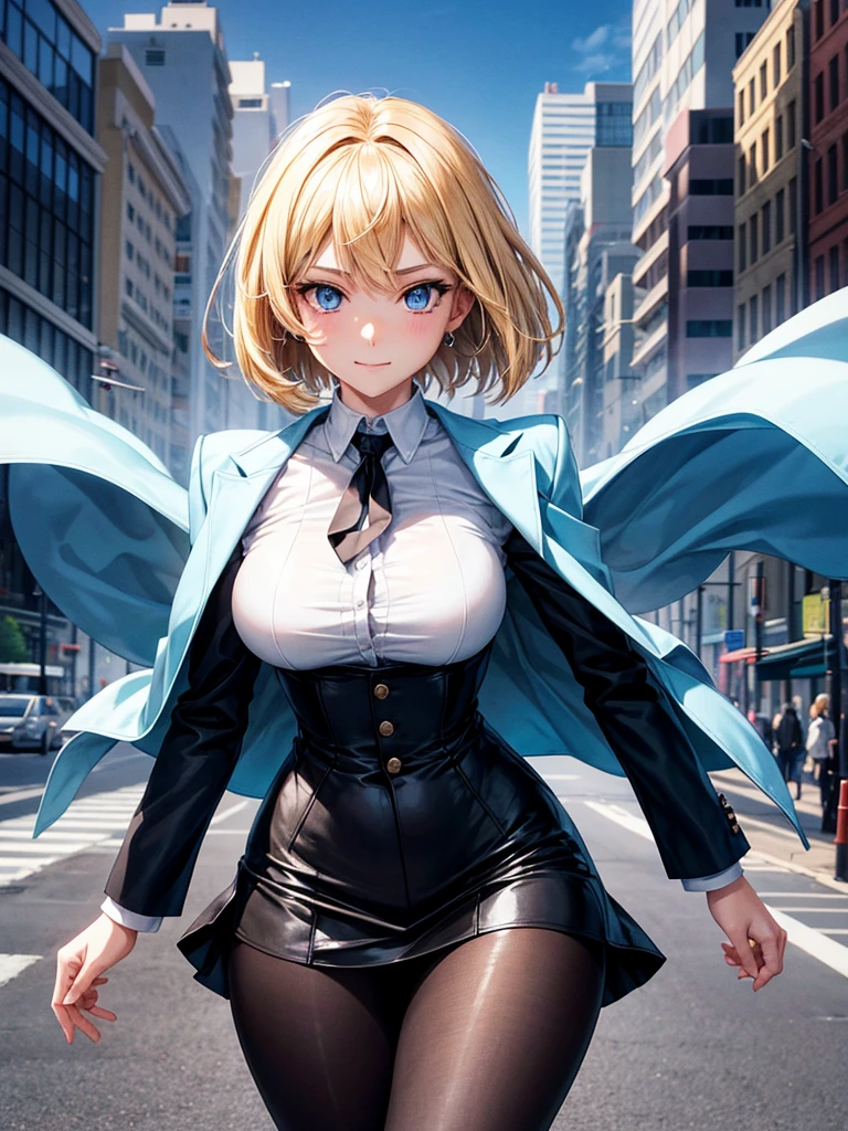 Anime style, super fine illustration, highly detailed, beautiful detailed, perfect detailed, super high quality image, static representation, gentle expression, happy expression, the pretty image, super stylish, 8k, beautiful face, handsome face, perfect & pretty 1girl with blonde straight short hair & blue eyes & a bright smile & full bust & soft fair skin is a career woman supervisor who is not to show her skin wearing big light blue business shirt & black summer tailored jacket & black tight skirt & black pantyhose on the urban business buildings street, in the morning, solo, perfect fingers, no more fingers, no less fingers, perfect arms, no more arms, perfect legs, no more legs, no more hair, masterpiece.