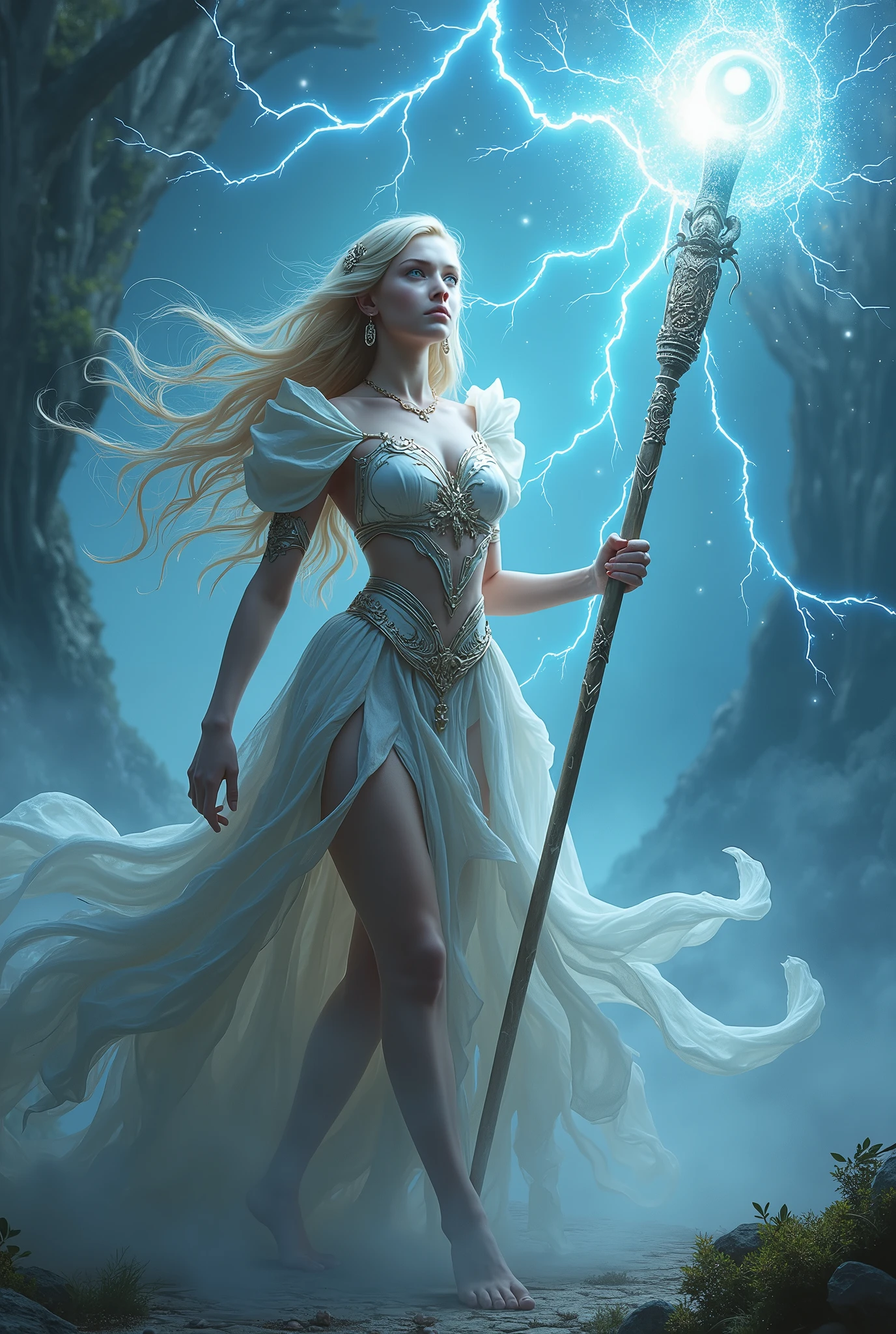 (masterpiece, photorealistic:1.4, extremely intricate:1.3), (photon mapping, radiosity, physically based rendering, ultra resolution, hyper-realistic, photorealistic:1.4, hyper-realistic, 8K), (((blonde buxom Sylph, large breasts))) blue silver sorceress, staff raised, lightning power