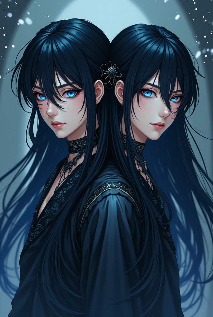 anime, androgynous, gypsy men, with a very black long hair blue deep eyes