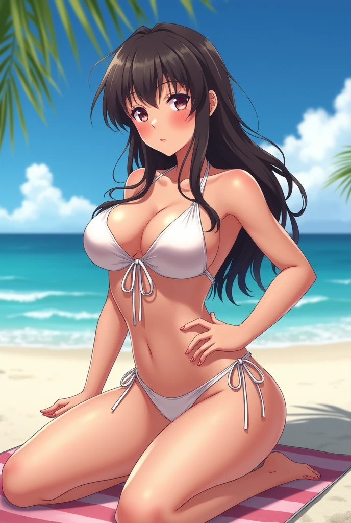Make a female anime character with a big tits in the beach with a swimsuit