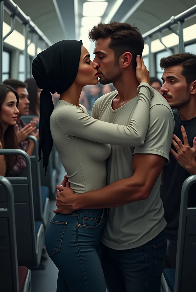 Black headscarf on a crowded bus, white long sleeve t shirt, Sexy skinny woman in grey baggy sweatpants kissing a man. Other people touch the woman's breasts and buttocks.