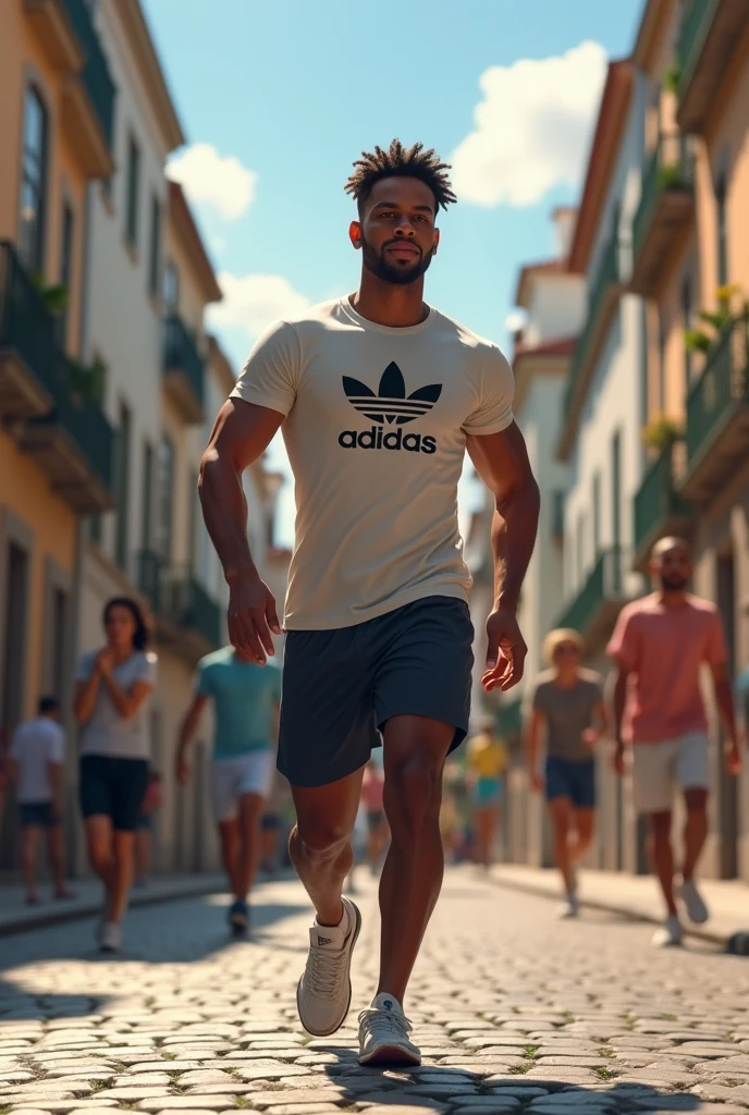A young black man with an athletic body in the city wearing an adidas branded shirt on the streets of Portugal