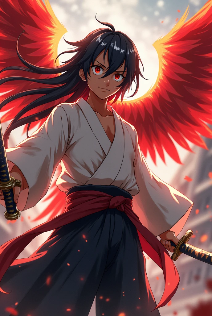 Tenshi é um personagem de rpg de One Piece.
Tenshi is a young dark-skinned boy, bright red eyes and very long black hair, with white highlights that stand out.
Tenshi veste-se com um kimono simples, with black pants. He uses two katanas and has fire powers.. In addition to being able to transform into a red phoenix.