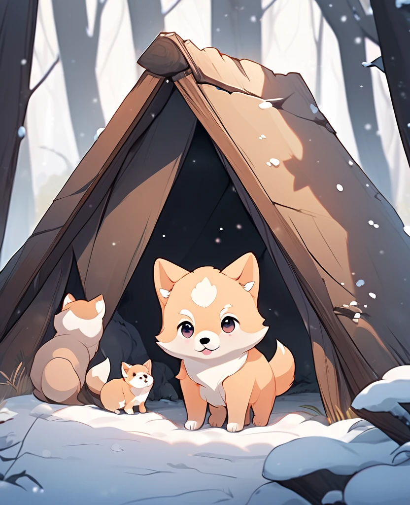 a little peach color Cute puppy, fox cub Small , in a winter forest, alone, animal focus, non-human, Little puppy,It would look cute,focus anima