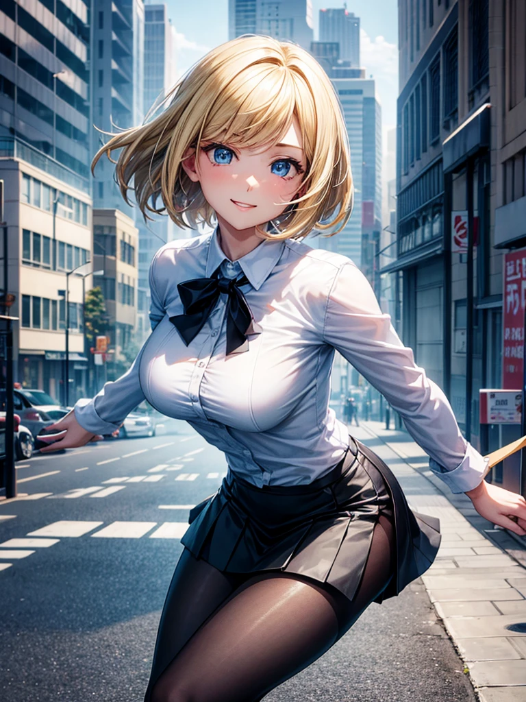 Anime style, super fine illustration, highly detailed, beautiful detailed, perfect detailed, super high quality image, static representation, gentle expression, happy expression, the pretty image, super stylish, 8k, pretty 1girl with blonde straight short hair & blue eyes & a bright smile & full bust & soft fair skin is a career woman supervisor who is not to show her skin wearing big light blue business shirt & black summer tailored jacket & black tight skirt & black pantyhose on the urban business buildings street, in the morning, solo, perfect fingers, no more fingers, no less fingers, perfect arms, no more arms, perfect legs, no more legs, no more hair, masterpiece.
