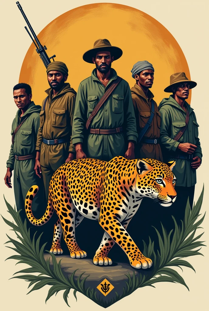 6 Men and women hunters with various leopard create in the form of a logo