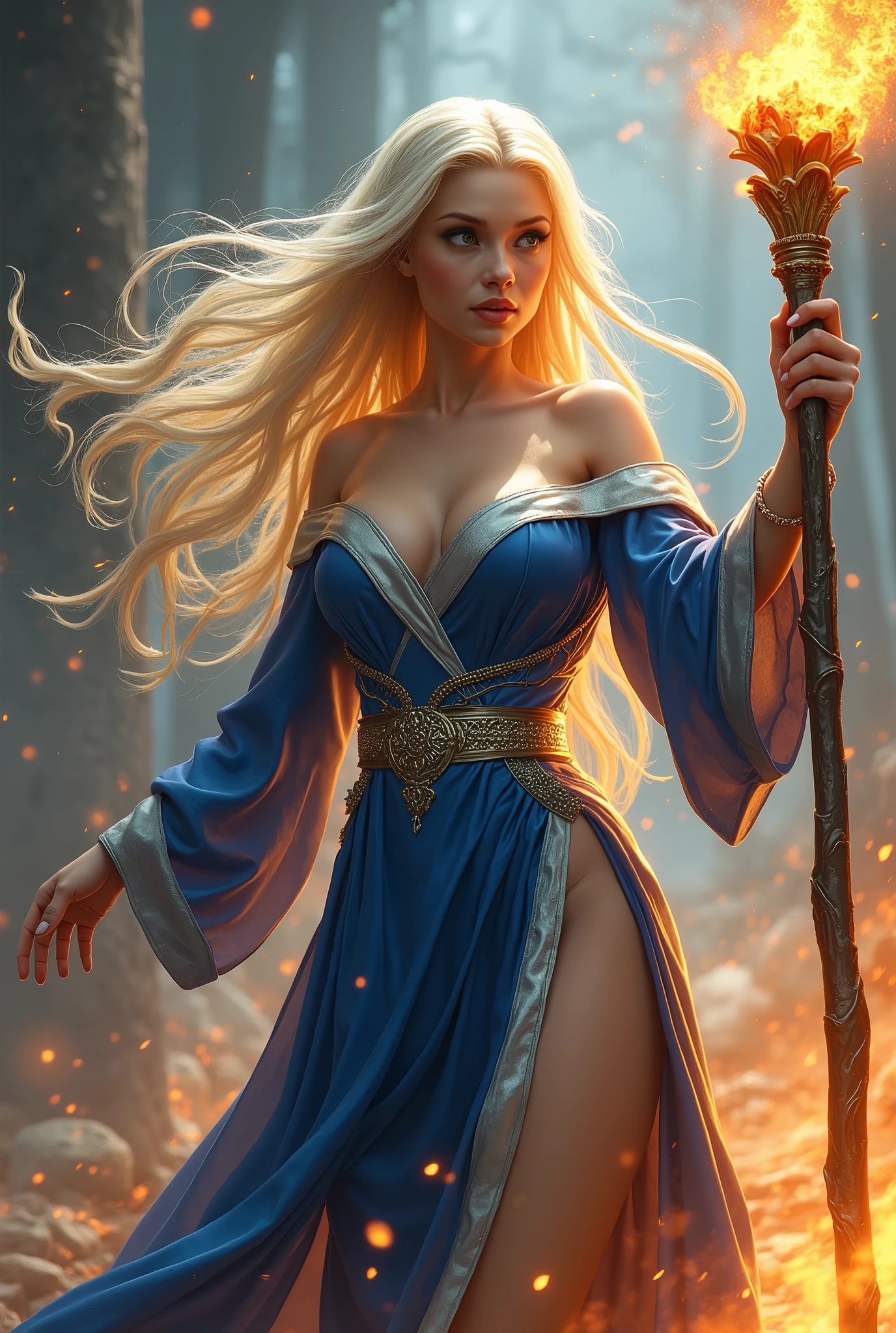 (masterpiece, photorealistic:1.4, extremely intricate:1.3), (photon mapping, radiosity, physically based rendering, ultra resolution, hyper-realistic, photorealistic:1.4, hyper-realistic, 8K), (((blonde buxom Sylph, large breasts))) blue silver sorceress, staff raised, flame power