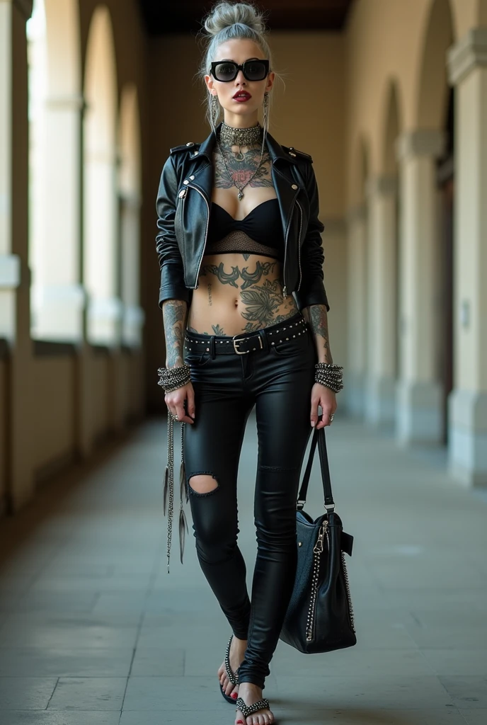russian milf woman, grey hair (bouffant, top bun) and oversized square sunglasses and wide colourful bandana as headband, with very light green eyes, extremely pale. Big lips. Black lace push up bra, silicone breast,, tight skinny black low rise leather jeans. Wears cropped moto jacket.Flip flops. Lots of thick wide studded bracelets, chain collars and big rings,. Two loose studded belts,. Long earrings with chains and feathers. Standing up on the street, stretching her neck and looking up in surprise, craving., Mouth half open. Neck, chest, stomach and wrists heavily tattoed. Toned abdominals, thin neck, slim legs and thin arms. Narrow hips. Full body. Studded black leather tote bag hanging low from her shoulder. At a long narrow corridor with natural light. Full body